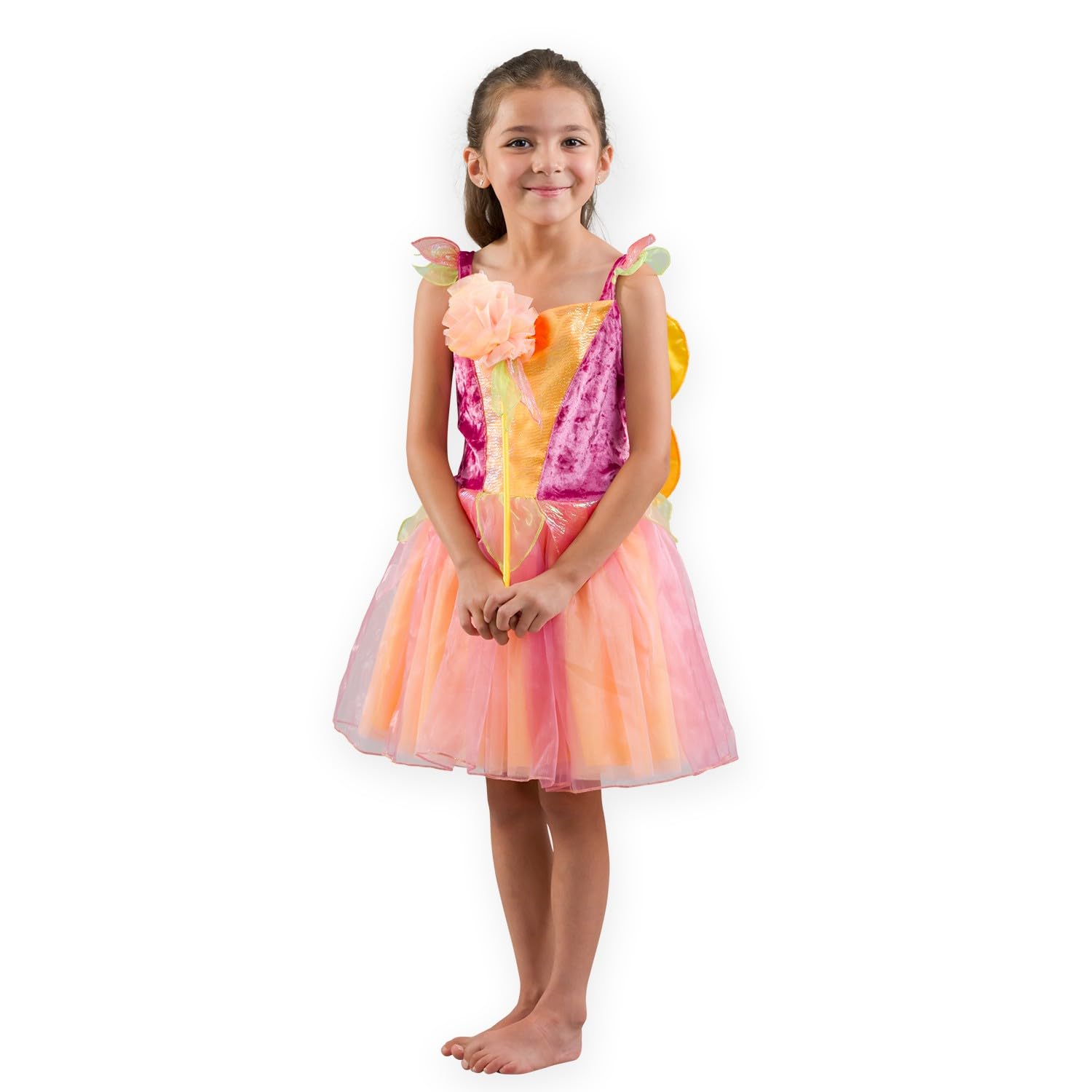 PRETEND TO BEE Pink Flower Fairy Dress Up Costume for Kids Includes Dress, Wings and Wand, 5-7 Years, Pink, Peach and Yellow