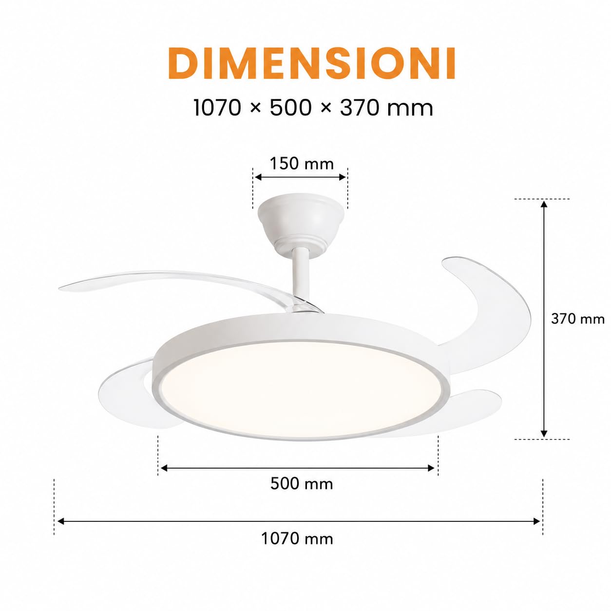 Ventilatore da Soffitto con Luce LED 40W e Pale Retrattili Ø107 cm | Motore DC Silenzioso 30W | CCT 3000K 4000K 6500K | Telecomando e Memoria | Bianco