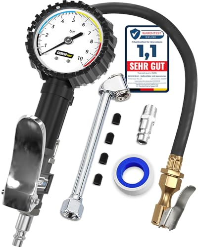 GERCHWAY Reifenfüller mit Manometer Präziser robuster 0-10 bar Druckluft Reifendruckfüller für Kompressor Extra langer 50 cm Schlauch Luftdruckprüfer für Auto Motorrad LKW & Werkstatt