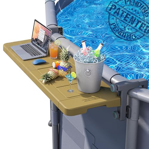 POOLHACKER Poolside Bar [Original] Swim Up Bar Exclusively for Above-Ground Round Pools. Patio Poolside Table Smart Fold Easy Maintenance Weather Resistant Stable Tabletop (Amber Brown)