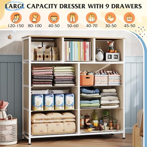 Image of WLIVE 9 Drawer Dresser, Fabric Storage Tower for Bedroom, Hallway, Closet, Tall Chest Organizer Unit for Bedroom with Fabric Bins, Steel Frame, Wood Top, Easy Pull Handle, Cream White