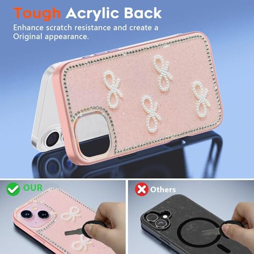 Image of DIZORO Compatible for iPhone 13 / iPhone 14 Cover 6.1, Luxury Diamond Cute with Bow Glitter Bling Case with Full Camera Protection PC+TPU Glossy Shiny Back Cover Case for Girls Women (Pink)