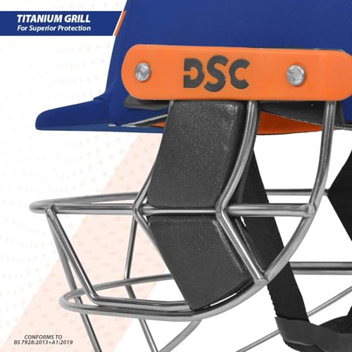 Image of DSC Empra Titanium BSI Approved Professional Cricket Helmet | BS7928 Certified Pro-Standard Hard Ball Helmet with Ultra-Light Titanium Grill & Advanced Shock Absorption | Color: Royal Blue | Size: M