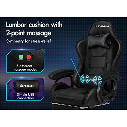 ELFORDSON Gaming Chair with 2-point Massage Lumbar Cushion, High Back PC Computer Game Chair, 150° Reclining Office Chair with Headrest & Footrest, 360° Swivel, Home Esports, PU Leather, Black - Image 5