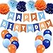 Boy Birthday Supplies Light Blue Navy Brown Tan Orange Banner Boho Balloon Pom Poms Backdrop Kids Birthday Decoration