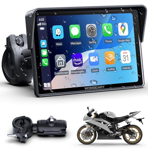 Kabelloses Motorrad CarPlay kompatibel mit Apple CarPlay & Android Auto,W522 5 Zoll IP67 Wasserdicht Touchscreen mit Dual Bluetooth,GPS Navigation,Sprachsteuerung,Equalizer,USB/Acc Stromversorgung