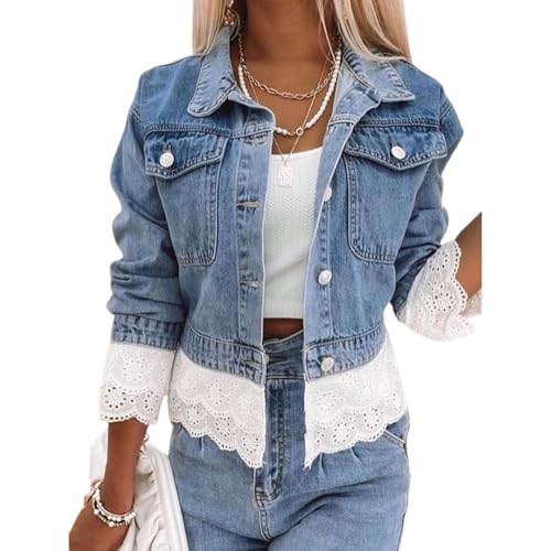 Women's Denim Jacket Side Pockets Long Sleeve Button Lace Patchwork Jean Coat