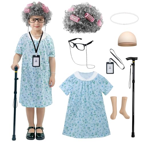 JASQQB Old Lady Costume for Kids with Wig and Accessories Grandma Outfit 100 Days of School Costume for Girls (Blue M)