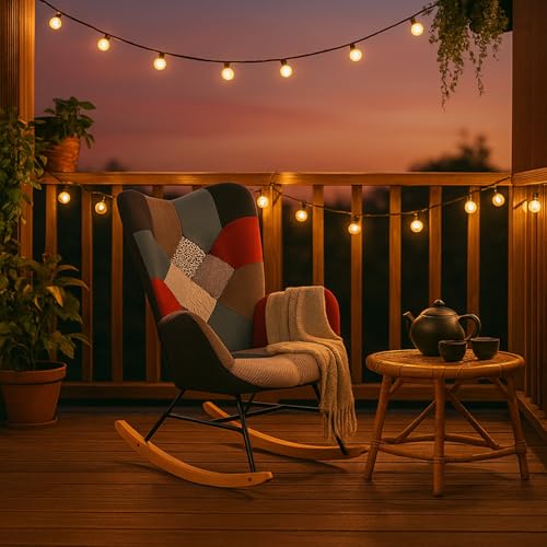 MEUBLE COSY Sedia a Dondolo da Giardino, Poltrona Relax per Terrazza Coperta e Balcone, Design Scandinavo con Gambe in Legno e Metallo, Rivestimento Non Impermeabile