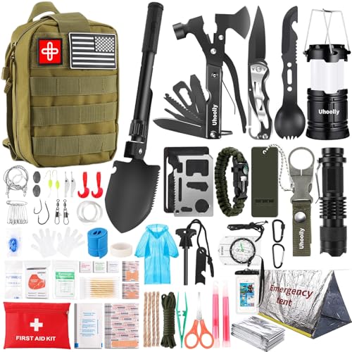 Survival Kit, Gifts for Men Women Teen Boys, Includes 252pcs Survival Gear Mini First Aid Kit for Car, Large Capacity Emergency Kit with Molle System for Earthquake, Outdoor Adventure, Travel(Green)