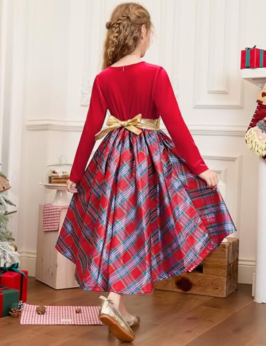Girls Christmas Dress Velvet Long Sleeve Holiday Dress Winter Party Classic Plaid Midi Princess Dress3