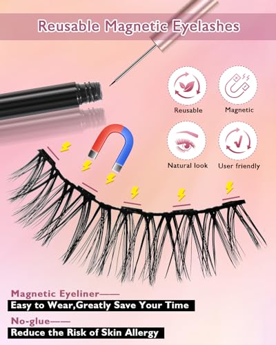 Image of Batfield 3 Pairs Magnetic False Eyelashes - Reusable Fake Eyelashes with Eyeliner and Tweezer - Artificial Eye Lashes for Women Natural Wispy(Style 3)