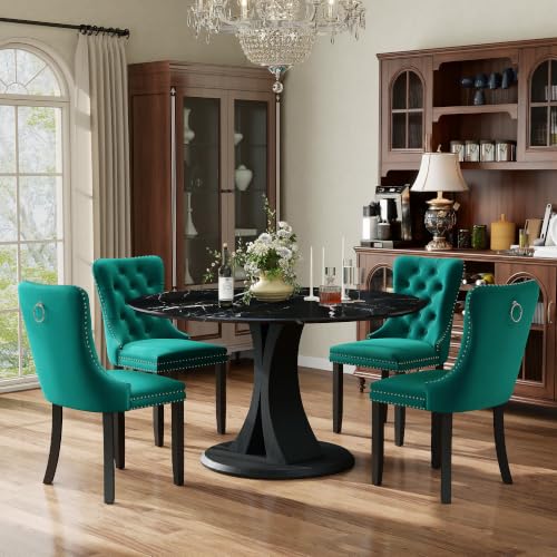 Image of 5-Piece Dining Table Set for 4 with 47 In Black Faux Marble Round Table | Circle Dining Room Table with 4 Velvet Upholstered Chairs, Modern Scandinavian Furniture for Dining Room Kitchen (Green)