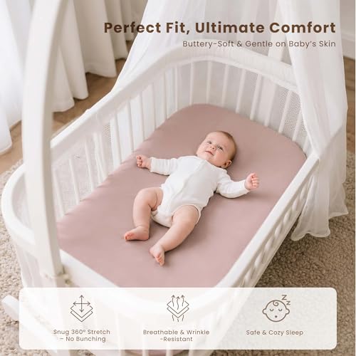 Image of Konssy 3 Pack Stretchy Bassinet Sheets for Baby Girl Boy, Soft Breathable Baby Bassinet Mattress Sheets Fit for Hourglass Oval Cradle, Moses Basket Rectangle Mattress (Blossom)