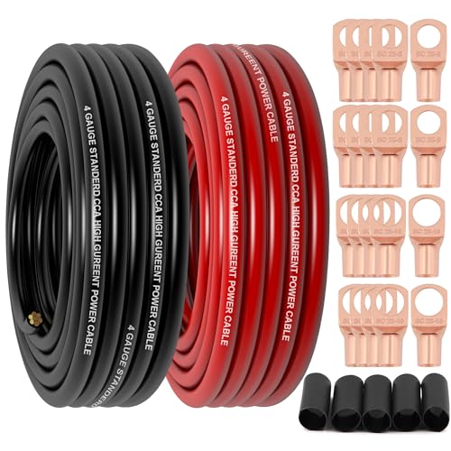 4 Gauge Wire Copper Clad Aluminum CCA (50Ft Each Black/Red) Primary Automotive Wire,Battery Cable for Car Audio Speaker,RV Trailer Amp Wiring,20Pcs Lugs,20Pcs 3:1 Heat Shrink Tubing
