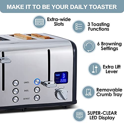 CUSIMAX 4 Slice Toaster, Stainless Steel, Ultra-Clear LED Display & Extra Wide Slots, with Dual Control Panels of 6 Shade Settings, Cancel/Bagel/Defrost Function, Removable Crumb Trays, Black - Image 3