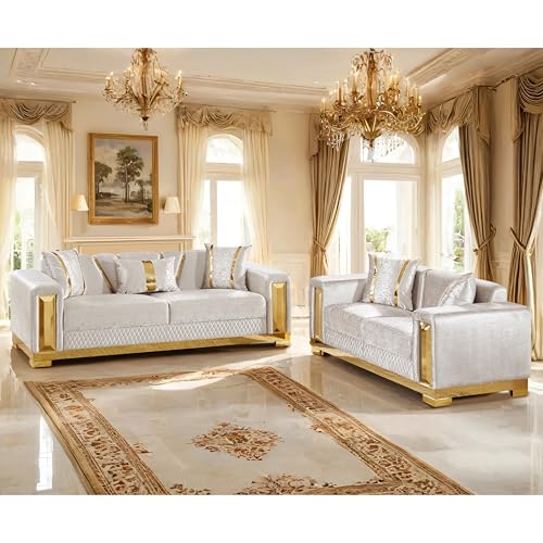 Image of Furniture of America Samison II Glam 2-Piece Solid Wood Upholstered Sofa Set with Accent Pillows, Damask Pattern and Gold Base, Comfortable Couch and Loveseat for Living Room, Bedroom, Office, Beige
