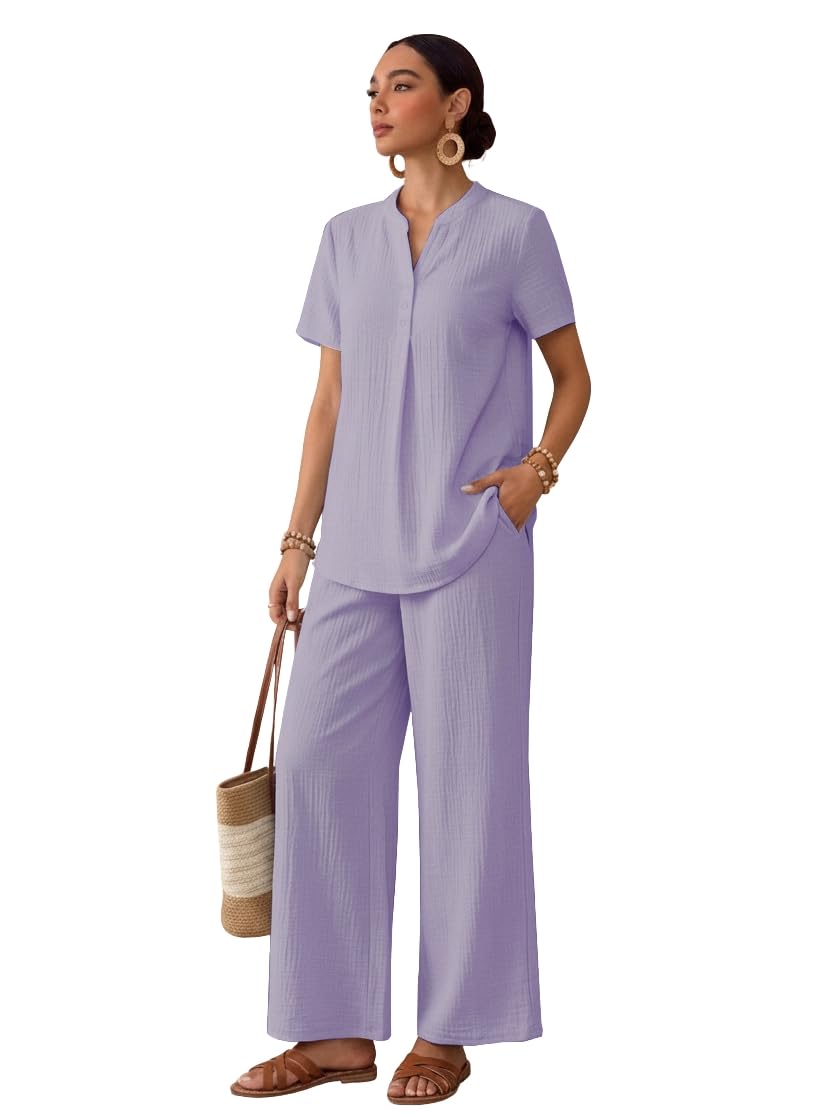 TOPLOT Women's Co-ord Set | Stylish Matching Top & Bottom Set | Notch Neckline with Button Detail | Loose-Fit, Short-Sleeve Top with a Relaxed Silhouette |Ideal for Casual (5250)
