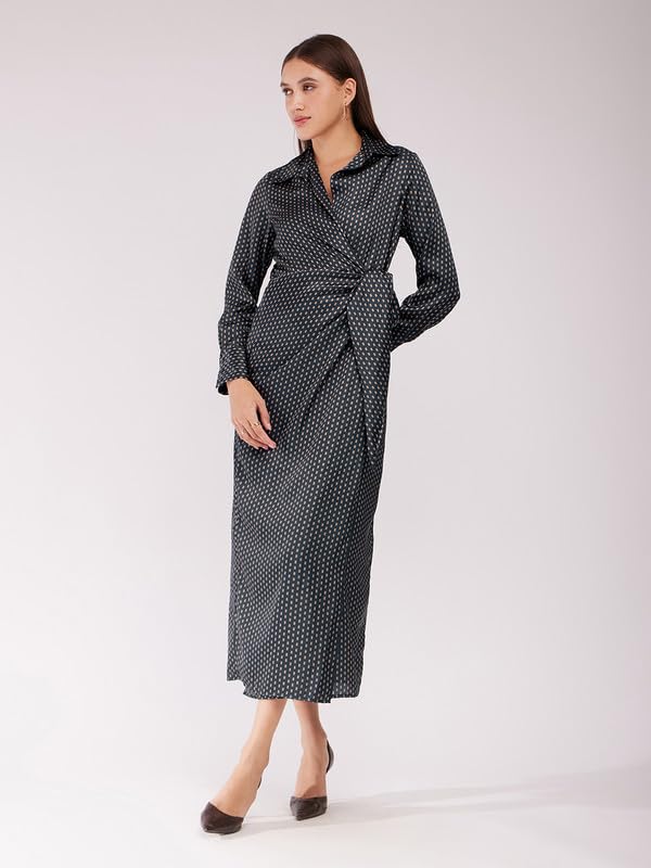Image of FableStreet Women's Casual Shirt Collar Printed Polyester Midi Dress