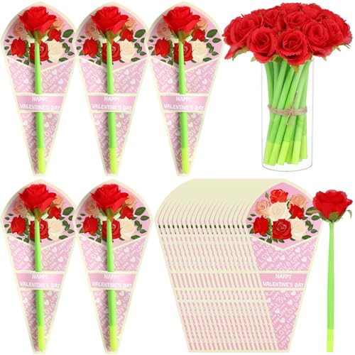Stylo fleur rose rouge en lot de 24 avec cartes cadeaux pour la Saint-Valentin et fêtes