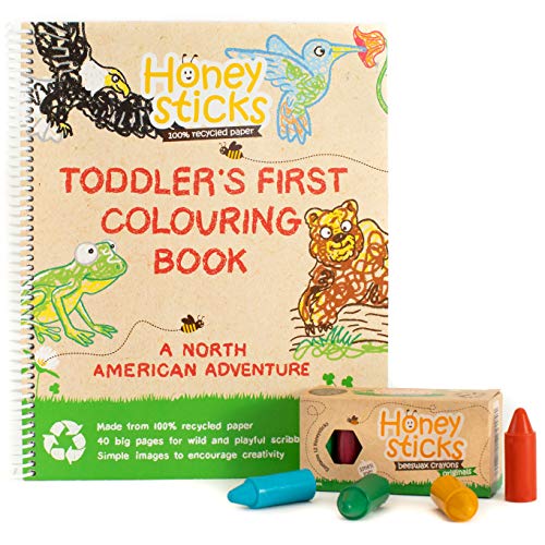 Honeysticks 100% Pure Beeswax Crayons Natural, Non Toxic, Safe for Toddlers, Kids and Children, Handmade in New Zealand, For 1 Year Plus (12 Pack with Book) Best Gift
