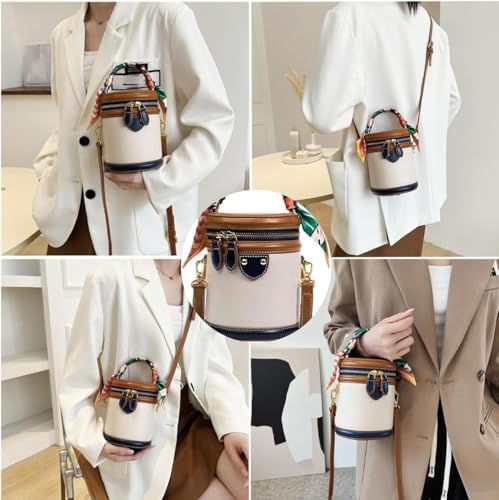 Colorblock Bucket Bag For Women, 2025 New Summer Niche Design Cylinder Bag,Ribbon Handle, Fashionable Crossbody Bag4