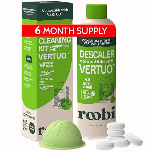 Image of Nespresso Compatible Vertuo Cleaning & Descaling Kit. Includes 1 Bottle of Descaling Solution, 6 Cleaning Tablets and 1 Reusable Pod. Carbon Neutral Vertuoline Maintenance Kit. 6 Month Supply.