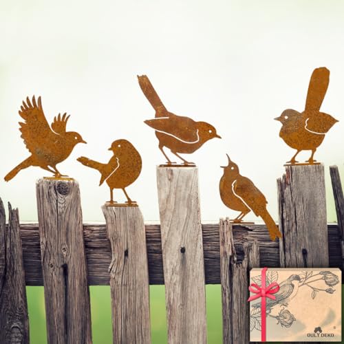 5PCS Rusty Birds Decoration Metal Birds Yard Decor Metal Birds Craft Statue Ornaments Garden Sculptures and Yard Art Fence Decorations Outdoor