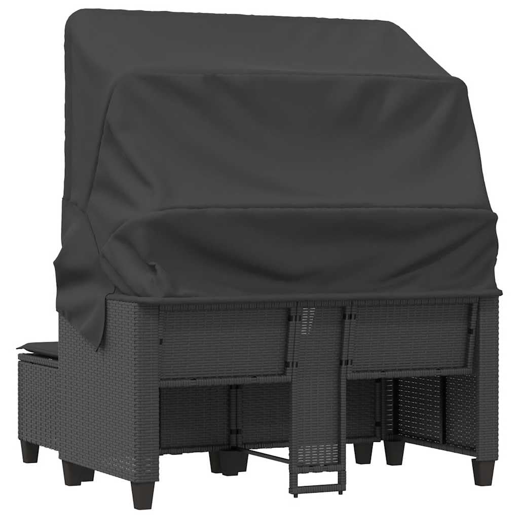 Divano Giardino 2 Posti con Baldacchino e Sgabelli Sdraio Polyrattan Nero per Esterno Set Relax con Cuscini Lavabili 110kg