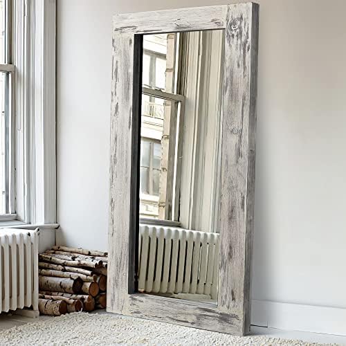 Natsukage 71" x 32" Oversized Floor Mirror Full Length Mirror Huge Mirror Rustic Wood Mirror Body Mirror Full Size Large Wall Mounted Mirror Farmhouse Decor Bedroom Mirror (Whitewashed)