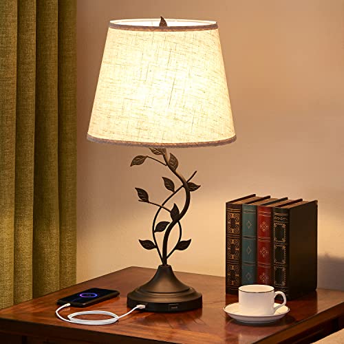 Kakanuo Tischlampe Vintage mit 2 USB-Anschlüssen, Nachttischlampe im Bläter Design, Traditionelle E27 Tischleuchte, Deko Lampe für Nachttisch Wohnzimmer Schlafzimmer Büro Studierzimmer(Ohne Birne) Cover