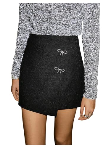 MakeMeChic Women's Mini Skirt Y2K Bow Rhinestone Wrap High Waisted Summer Party Skirts