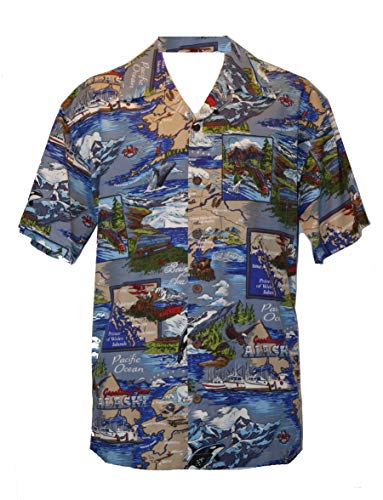 David Carey Alaska Camp Shirt â€“ Blue & Beige â€“ Button Up Collared Short Sleeve Mechanic Camp/Club Shirt, L