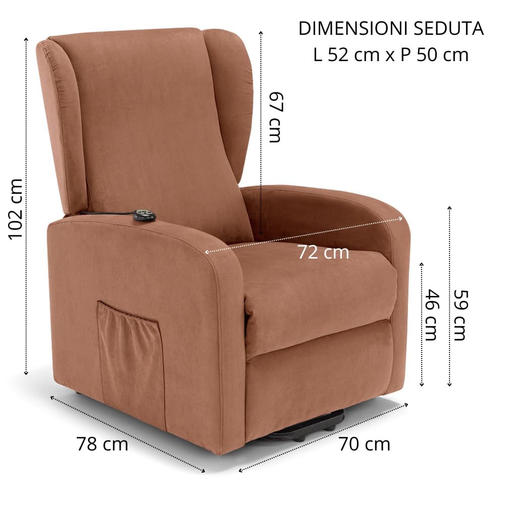 REDÒKASA Poltrona relax elettrica NEW ORLEANS per anziani e disabili con 2 motori, 4 ruote per lo spostamento, Kit Optional Batteria, alzapersona, tessuto idrorepellente (Senza Kit Batteria, Terra)