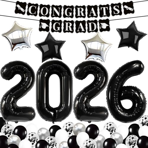Image of KatchOn, Black and Silver Graduation Decorations 2026 Set - Huge, Pack Of 43 | 2026 Balloons, Congrats Grad Banner | Black Graduation Decorations 2026 | Black and White 2026 Graduation Decorations