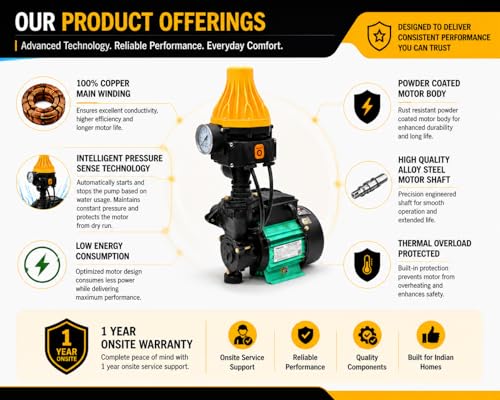 Image of V Guard 1 hp Automatic Pressure Booster Pumps with Torque Boost Technology, for Household (Upto 3-4 Bathrooms), 1 Year ON-SITE Warranty