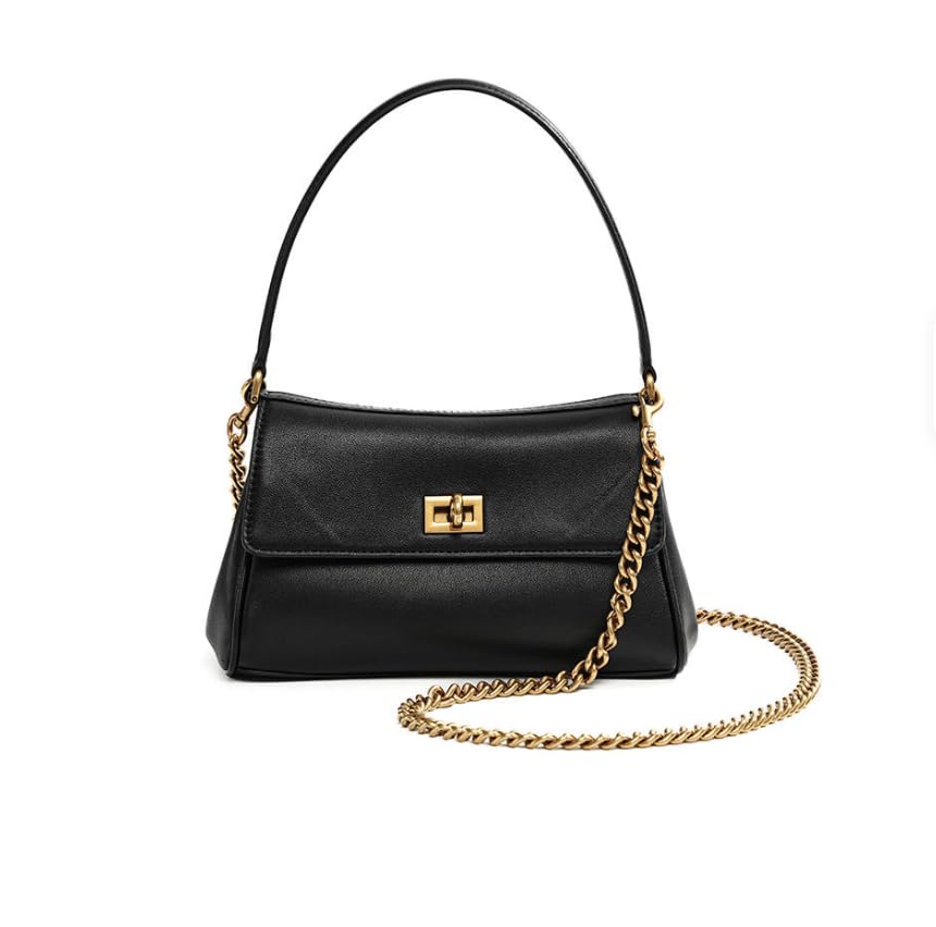 Luxury Classic Leather Shoulder Bag, Black Genuine Cowhide with Gold Hardware, Medium Size Crossbody Purse with Detachable Chain Strap, 23cm x 13cm