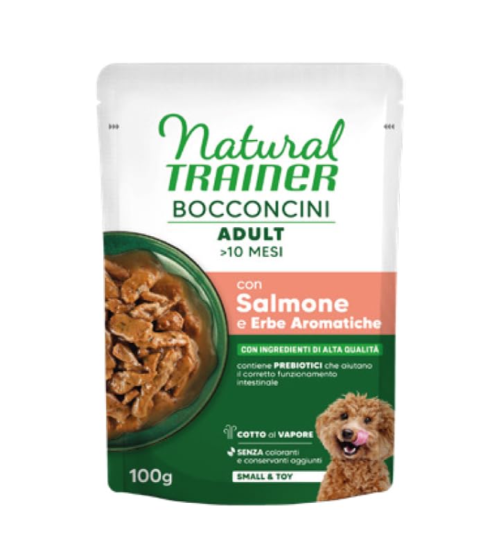 Natural Trainer Umido Cane gusto SALMONE, morbidi bocconcini per cani adulti di tutte le taglie e razze, alimento completo per cani | 12 bustine da 100 grammi l'una.