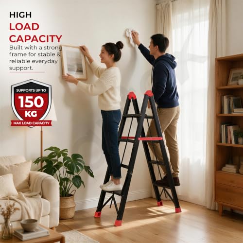 Image of Plantex Ladder for Home 4 Steps /Foldable Heavy-Duty A-Frame Step Ladder /Home, Office & Warehouse - (Red & Black,150 kg Capacity)