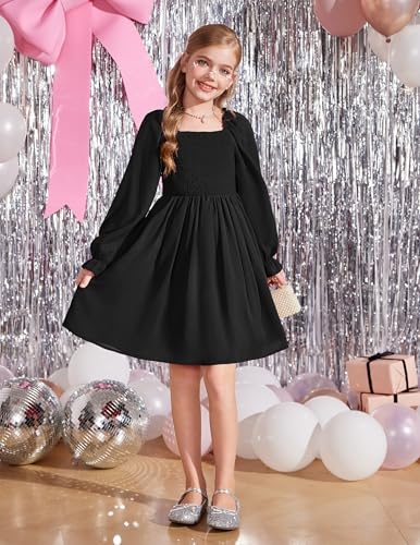 Arshiner Girls Long Sleeve Smocked Skater Fall Winter Elegant Dress with Pockets3
