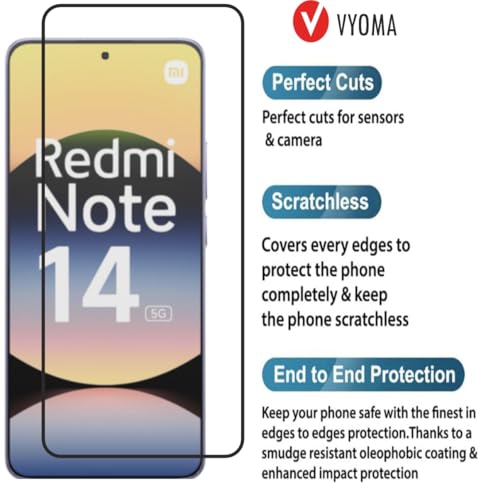 Image of VYOMA Military-Grade Gorilla Tempered Glass for Redmi Note 14 5G / Note 14SE (Black) Edge to Edge Screen Protectors, High Clarity, 9H Hardness, Scratch Resistant, Military-Grade, Shatterproof, Screen Guard with Easy Installation Kit