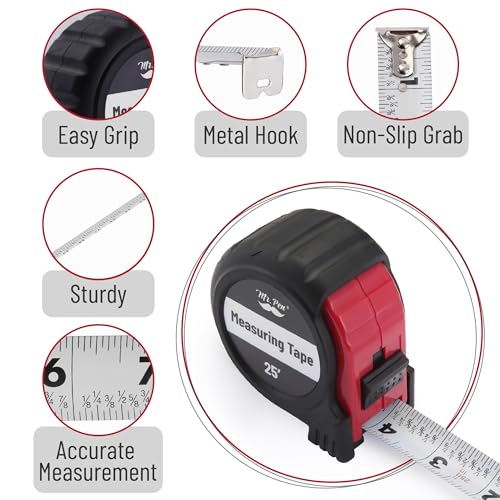 Image of Mr. Pen 25-Foot Steel Retractable Tape Measure with Fractions, Easy Read, Red /Black