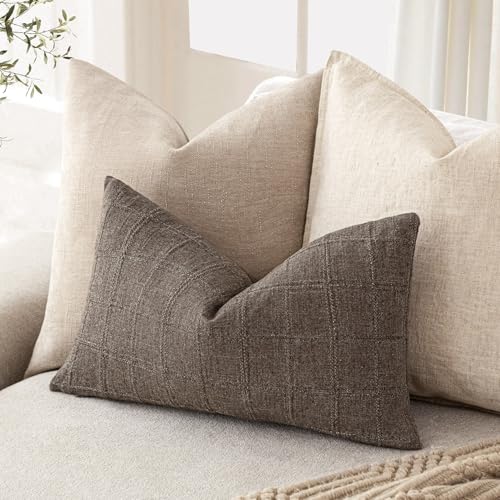 Image of Foindtower Set of 1 Decorative Linen Check Throw Pillow Cover Neutral Farmhouse Lumbar Cushion Cover Modern Boho Home Decor for Sofa Chair Couch Bedroom Living Room,12x20 Inch,Dark Brown