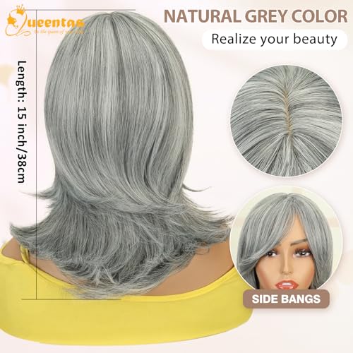 Image of 15 Inch Layered Synthetic Hair Wig for Women with Curtain Bangs(#Grey)