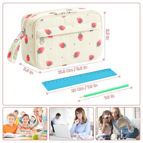 Image of WOBAGMEN Cute Pencil Case,Large Corduroy Zippered Pencil Case Pouch, aesthetic Pencil Bag with Compartments, Pencil Pouch School Supplies (Tiny Strawberry)