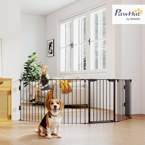 PawHut Welpenauslauf 5-TLG Klappbar Absperrgitter Hund mit Tür, DIY Welpenlaufstall Kaminschutzgitter Ofenschutzgitter für kleine und mittelgroße Hunde, 300 x 74,5 cm, Metall, Schwarz