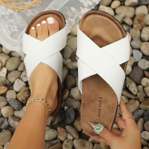 Image of Sandals Women Wide Width, Cork Footbed Arch Support Summer Beach Slide Sandals, Adjustable Strap for Wide Feet