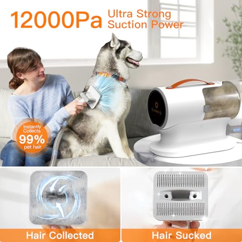 Dog Vacuum for Shedding Grooming, 12000pa Suction Dog Hair Vacuum, Dog Grooming Kit with 2l Dust Cup, Low Noise, 3 Levels, 5 Grooming Tools