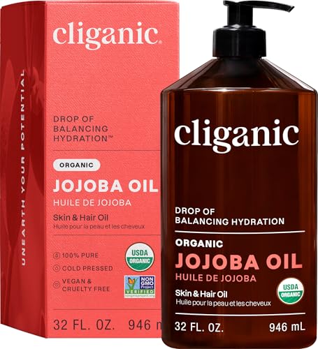 Image of Cliganic Organic Jojoba Oil 32 oz, 100% Pure | Bulk, Natural Cold Pressed Unrefined Hexane Free Oil for Hair & Face