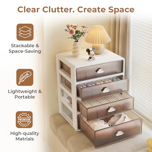 Image of HomeEssentials 4-Tier Transparent Cosmetic & Jewelry Storage Organizer - Multi-Layer Plastic Desktop Drawer Box for Makeup, Accessories & Office Supplies (Black)